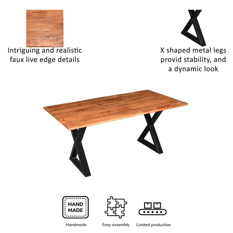 67 Inch Rectangular Dining Table with Crossed Black Metal Legs and Natural Brown Faux Live Edge Acacia Wood Top