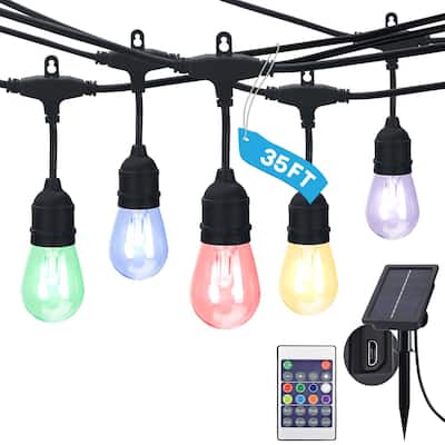Luxrite 35FT RGBW LED Outdoor Solar String Lights, Remote Control, Commercial Grade, 15 S14 Shatterproof Bulbs, IP65 - 35 FT