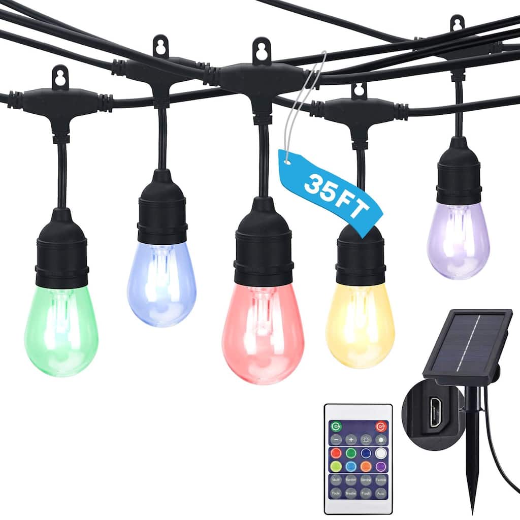 Luxrite 35FT RGBW LED Outdoor Solar String Lights, Remote Control, Commercial Grade, 15 S14 Shatterproof Bulbs, IP65 - 35 FT
