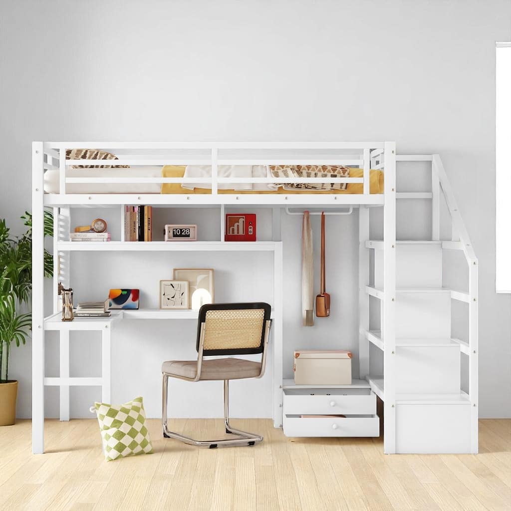 Loft Bed Full Size with LED Light Strip, Charging Outlets, Desk, Pegboard, Wardrobe and Storage Drawers