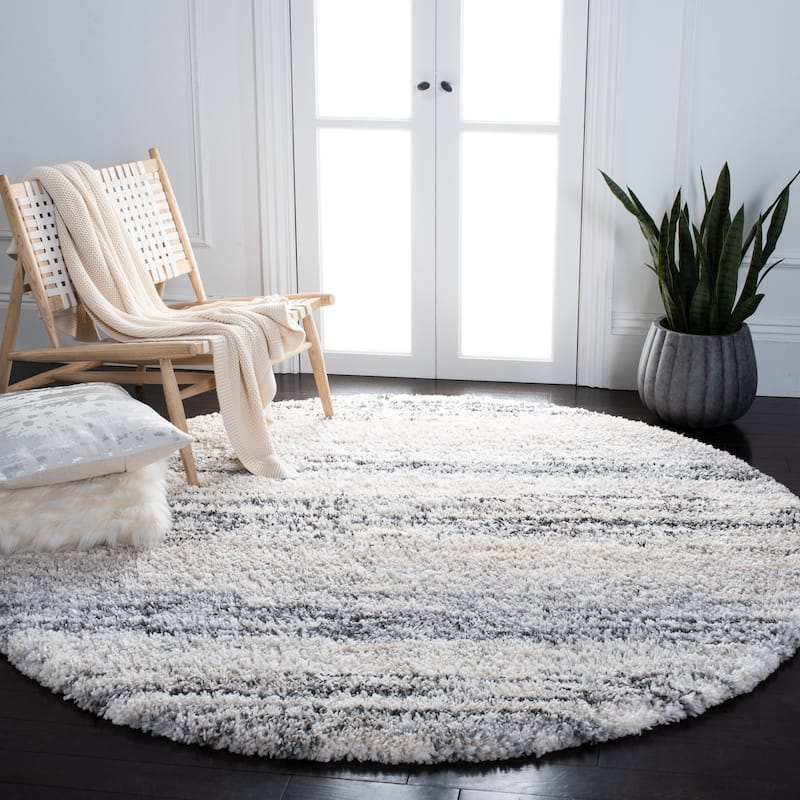 SAFAVIEH Fontana Shag Mevlide Modern Stripe 2-inch Thick Rug - 8' Round - Ivory/Grey