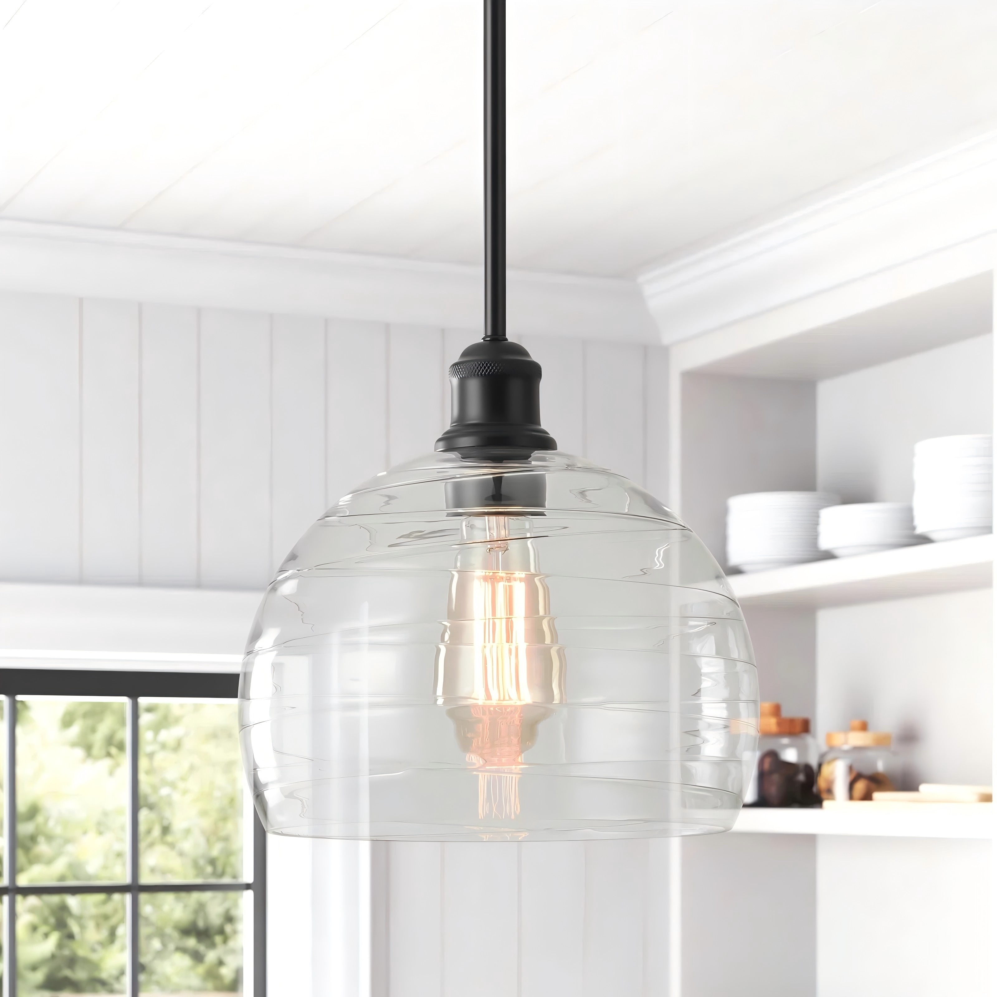 Rennnsan 1-Light Modern Black Pendant Light with Clear Ribbed Glass Shade for Kitchen Island and Dining Room - 9.1" W x 9.4" H