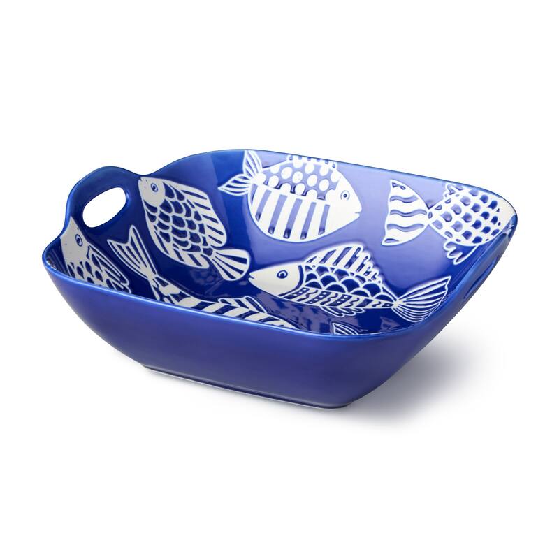 Certified International Fish Tale Porcelain 42 oz. Square Bowl with Handles - 11.00"L x 10.00"W x 3.68"H