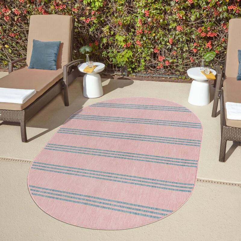Outdoor Zrand Collection Area Rug - Pink and Aqua - 7'10"x10' Oval