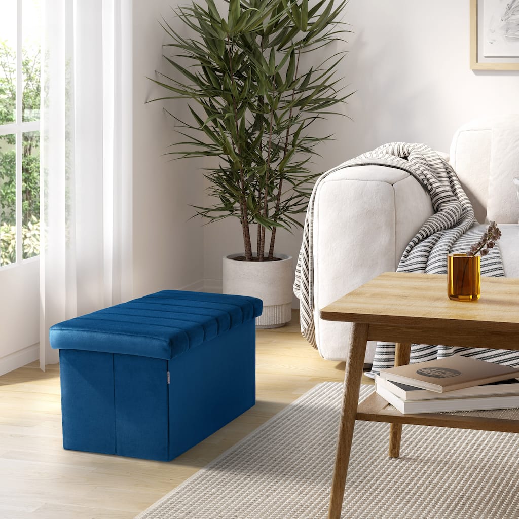 Seville Classics Storage Trunk Ottoman, Blue Velvet