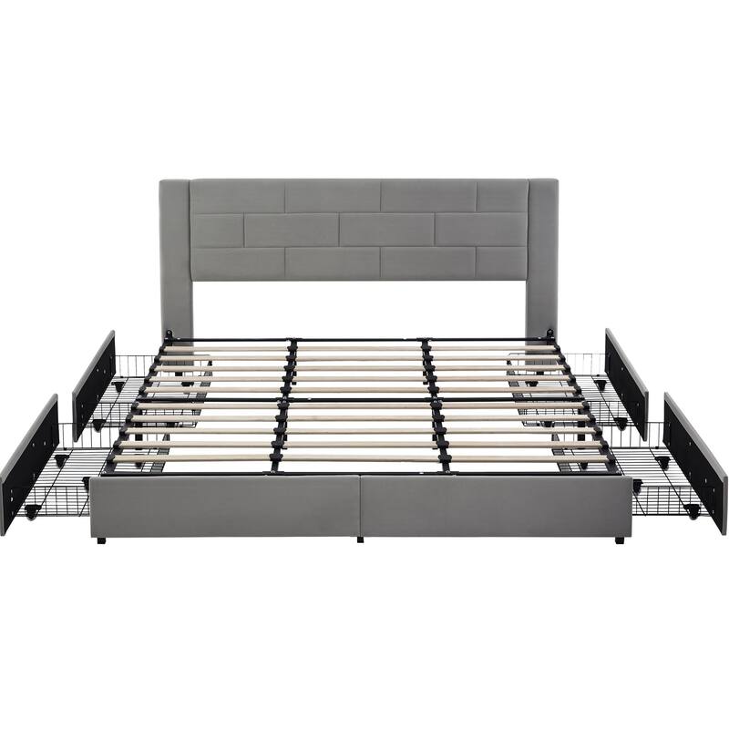 VECELO Upholstered Storage Bed Frame with 2 Side USB Ports and 4 Big Space Drawers, Velvet Headboard and Charging Station-Ports