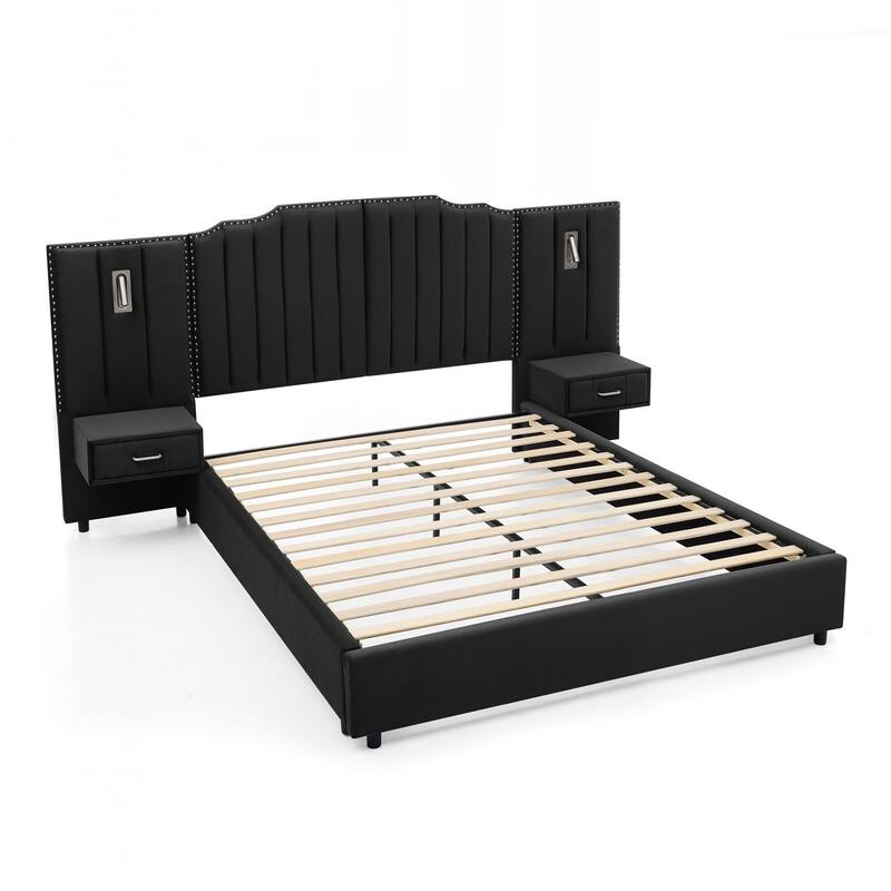 Queen Size Upholstered Bed Frame , Vertical Stripe Design with Buttons Around Platform Bed with Headboard