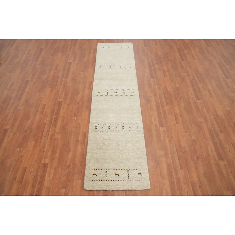 Hand Knotted Oriental 100% Wool Carpet Tribal Animal Pictorial Beige & Ivories Gabbeh Runner Rug - 9' 9'' X 2' 6''