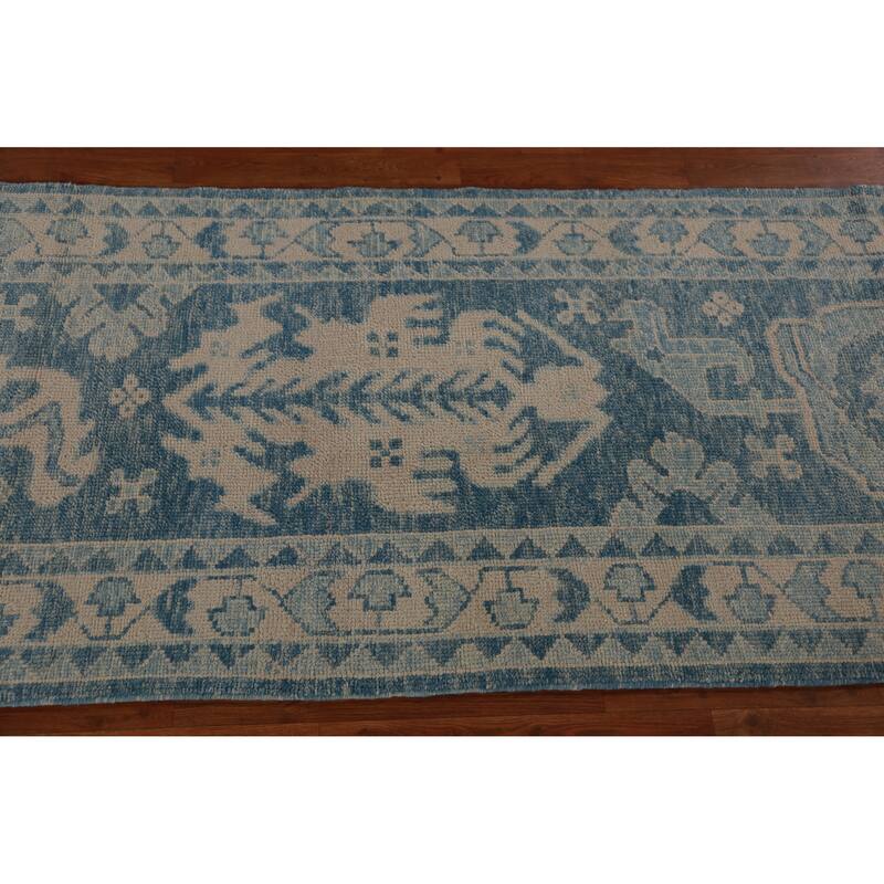 Hand Knotted Oriental 100% Wool Carpet Transitional Geometric Navy Blue & Blues Oushak Runner Rug - 18' 8'' X 3' 2''