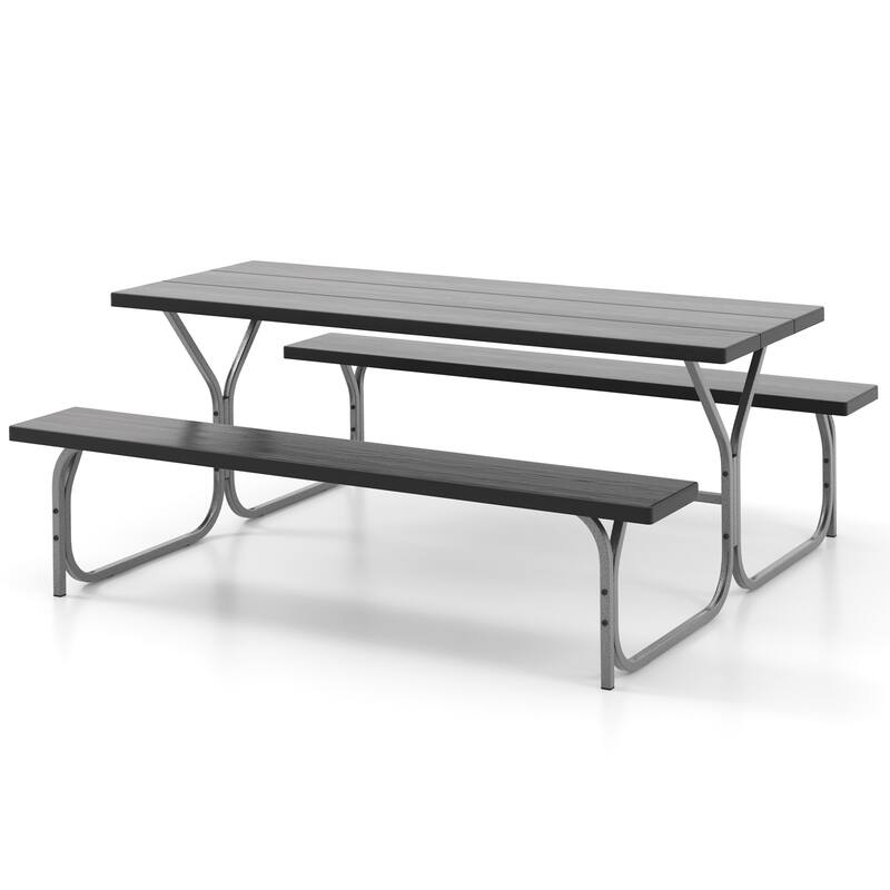 72 Inch 8-Person Outdoor Picnic Table and Bench Set with HDPE Wood-Texture Top and with Built-in Umbrella Hole