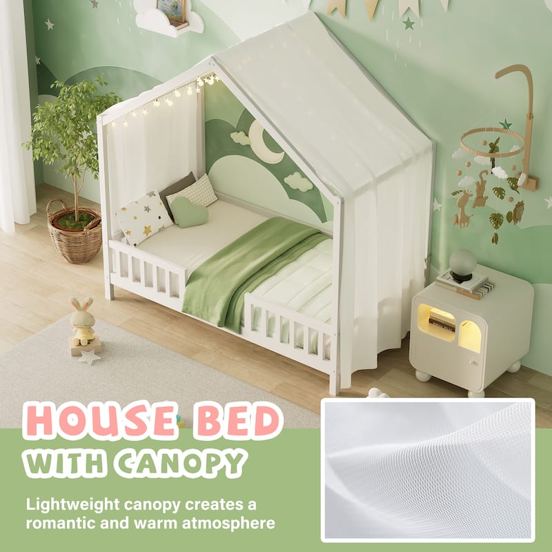 House-Shaped Twin Bed with Canopy and Railings for Kids, Montessori Floor Bed, White