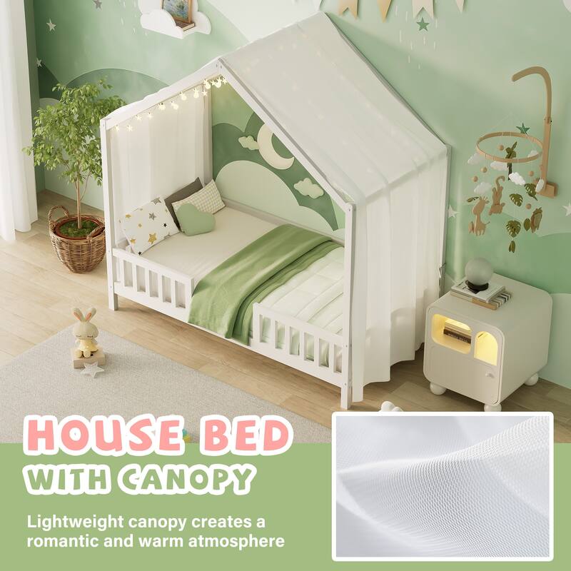 Montessori House Bed with Canopy, Twin/Full Kids Floor Bed Frame with High Railings, Wooden Roof Bed for Toddlers and Children
