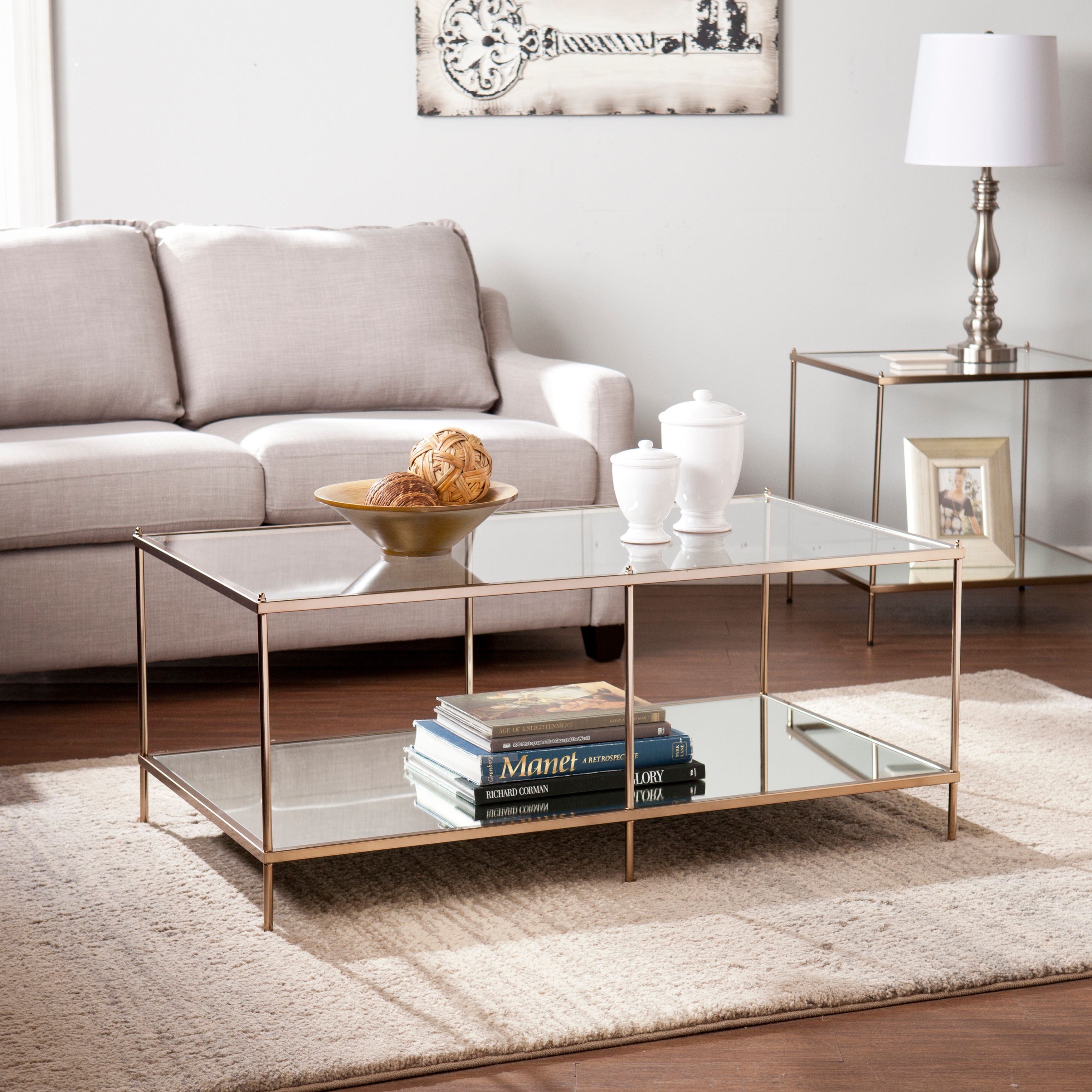 SEI Furniture Grant Goldtone Rectangular Coffee Table with Glass
