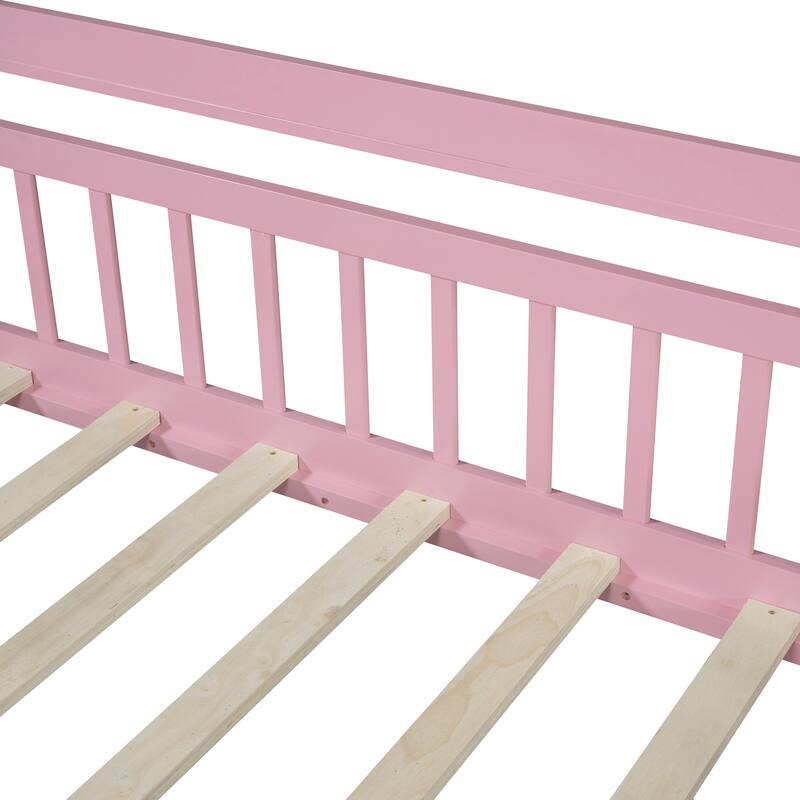 House Bed with 2 Drawers, Montessori Bed, Wooden Kids Bed Frame with Storage Shelves, Wood Playhouse Bed Frame w/Roof Design