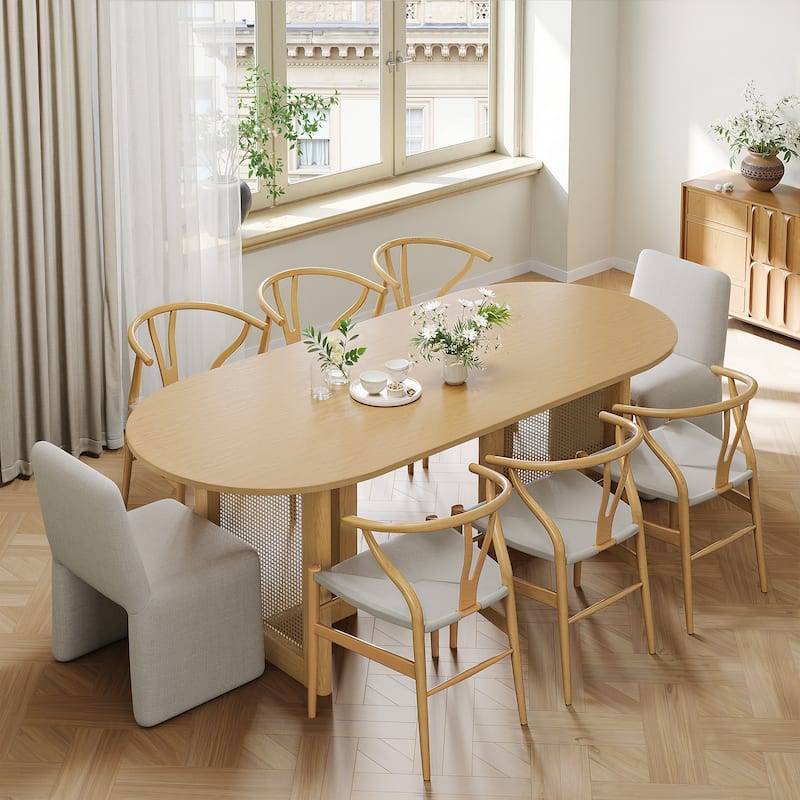 79" Dovelina Oval Dining Table with Rattan Double Pedestal for 8 People