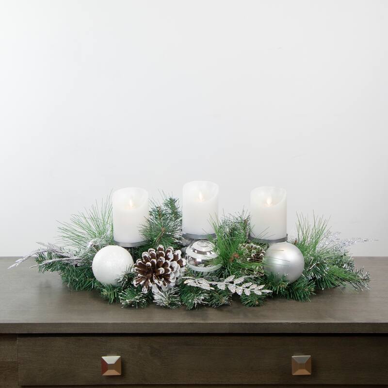 30" Green Pine and Needle Triple Candle Holder with Pinecones and Christmas Ornaments