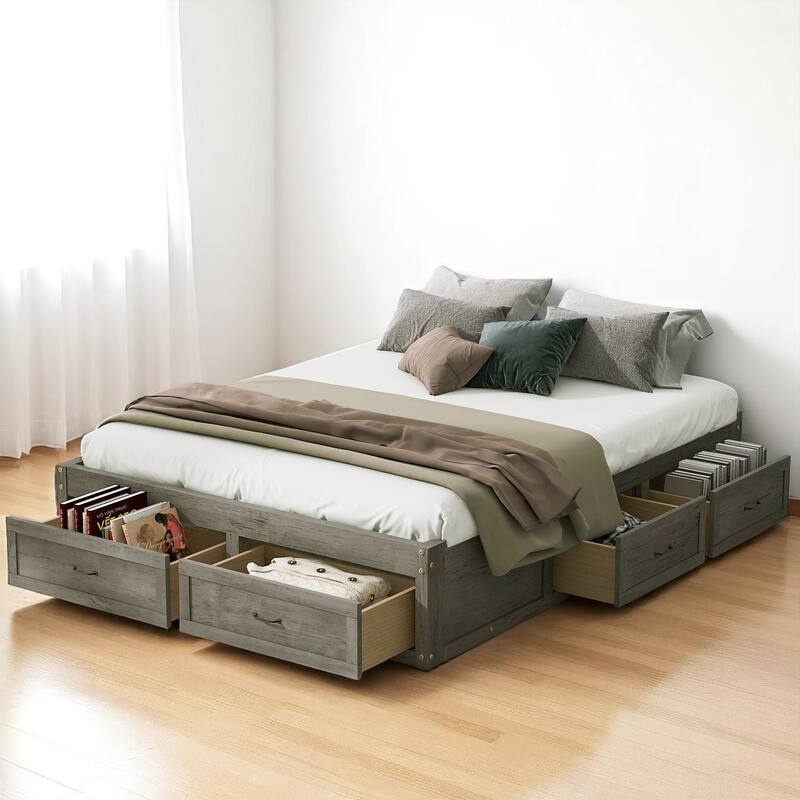 Full/Queen Platform Bed with 6 Storage Drawers, Modern Wood Frame with Slats, No Box Spring Needed - Grey - Queen