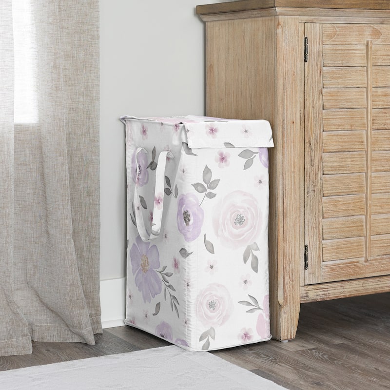 Sweet Jojo Designs Lavender Purple Boho Floral Girl Foldable Laundry Hamper with Handles Bohemian Farmhouse Shabby Watercolor