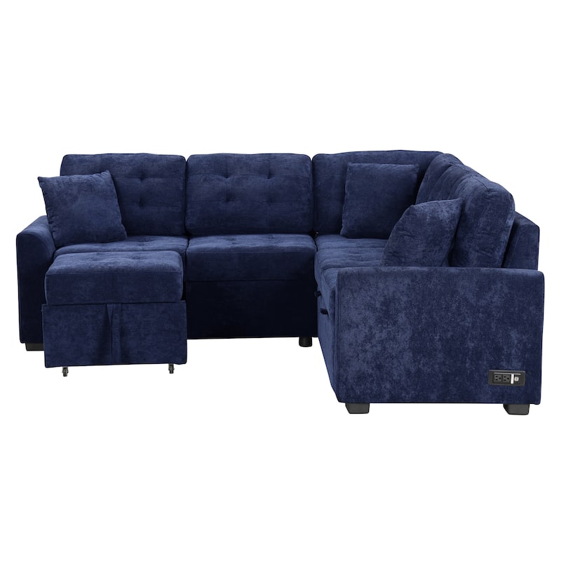 82.6-inch L-shaped Pull-out Sleeper Sofa with Wheels, USB Ports, Power Sockets - 82.6"W x 82.6"D x 33"H