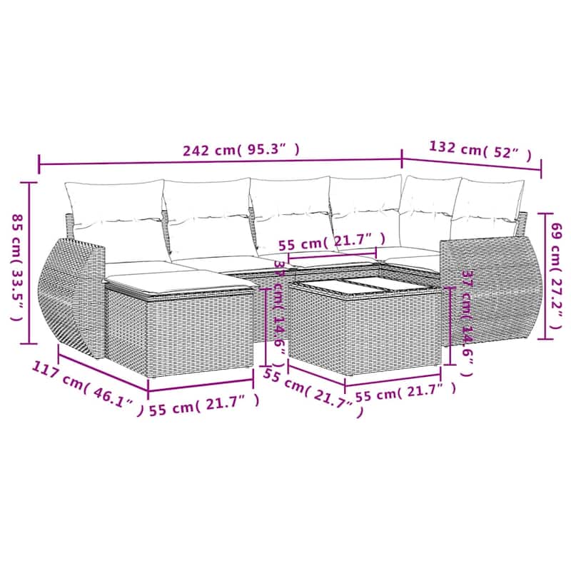 vidaXL 6 Piece Patio Sofa Set with Cushions Grey Poly Rattan - 24.4" x 24.4" x 27.2"