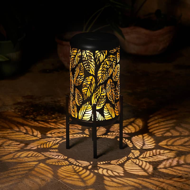 Glitzhome 14"H Outdoor Metal Cutout Flower/Leaves Solar Light Standing Lanterns Waterproof