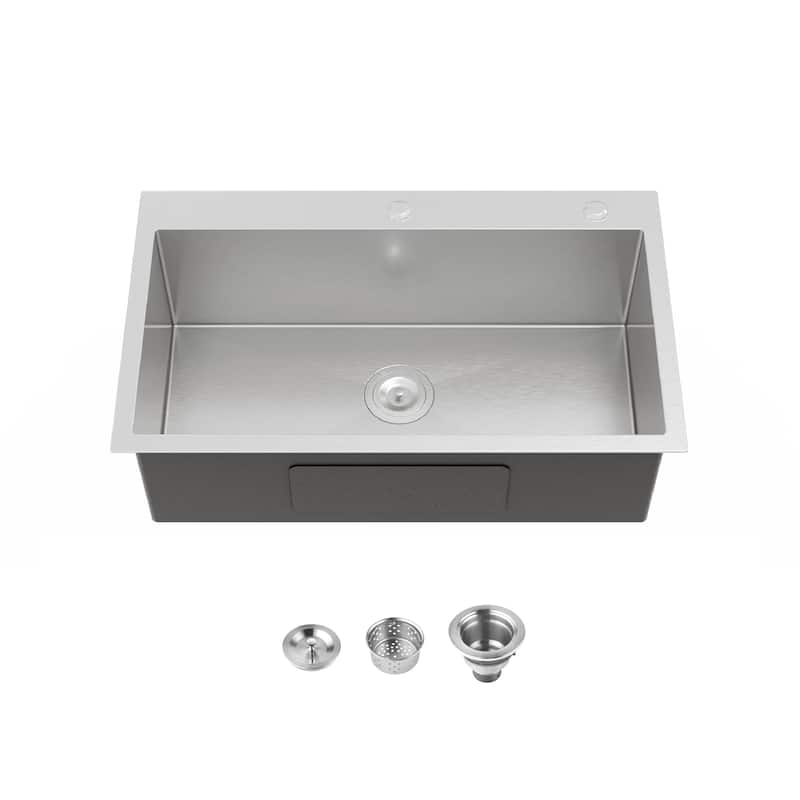 Stainless Steel Kitchen Sink, 32″x19″ Single Bowl, Overmount Handmade Sink in Brushed Nickel, with US Standard Drain and Hook - Brushed