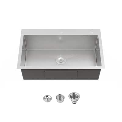 Stainless Steel Kitchen Sink, 32″x19″ Single Bowl, Overmount Handmade Sink in Brushed Nickel, with US Standard Drain and Hook