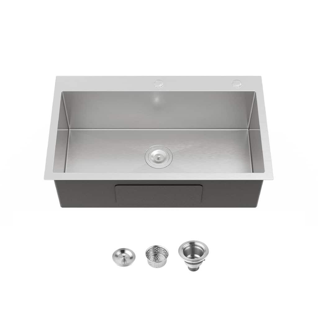 Stainless Steel Kitchen Sink, 32″x19″ Single Bowl, Overmount Handmade Sink in Brushed Nickel, with US Standard Drain and Hook