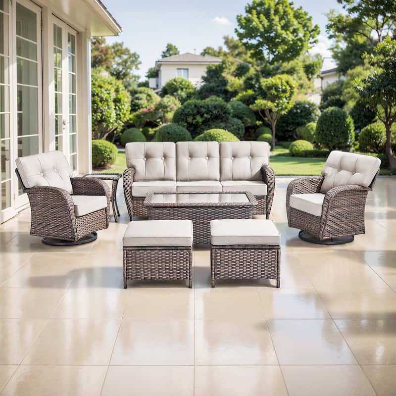 TWrap 7-Piece Patio Brown Wicker Sofa Conversation Set with 5-Inch Thick Cushions - Brown/Beige - 7-Piece