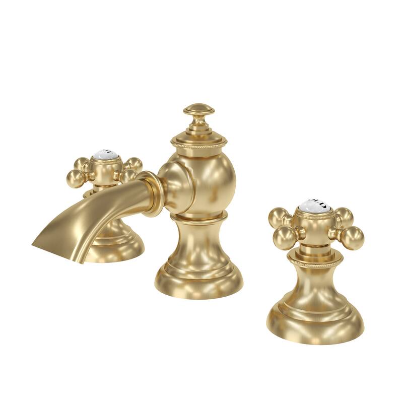 Modern Widespread Waterfall Style Deck Mount Lavatory Faucets F2-0013 With Pop-Up Drain in Gold With Metal Cross Handles - Satin Gold