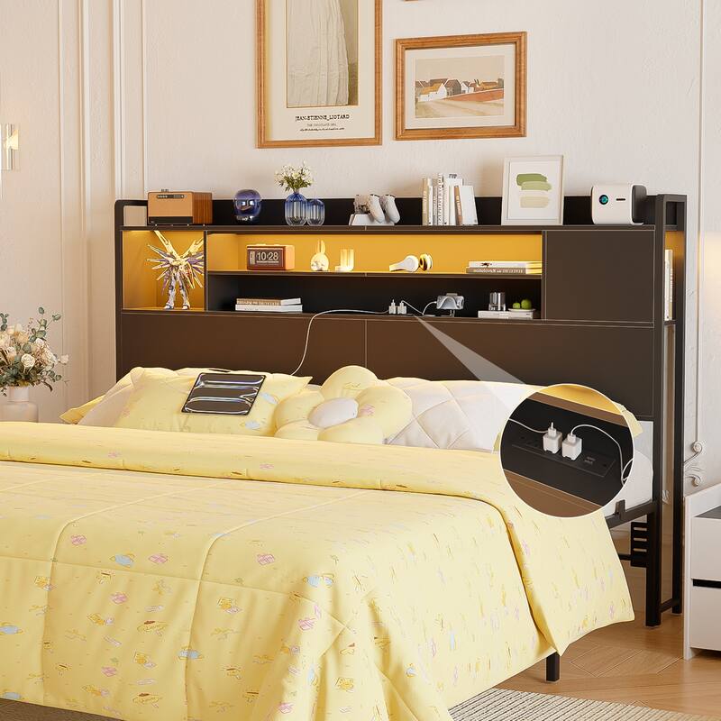 Storage Headboards with Power Outlet and LED Light, Head board with Storage Shelves for Bed Frame