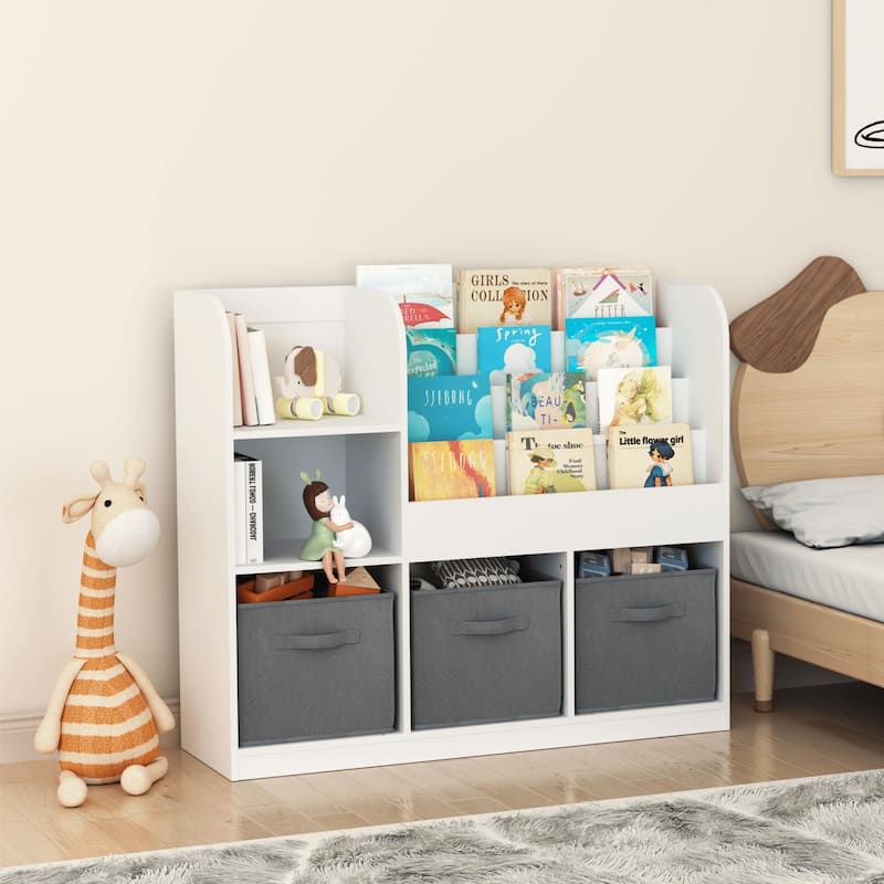 Kids Bookcase and Bookshelf, Multifunctional Bookcase with 3 Collapsible Fabric Drawers, Display Stand, Toy Storage Organizer - White+gray