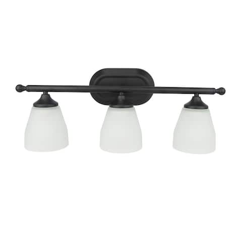 Jordan 3-Light Vanity Light in Matte Black Finish with Frosted White Glass Shades - 23 x 8.75 x 5.75