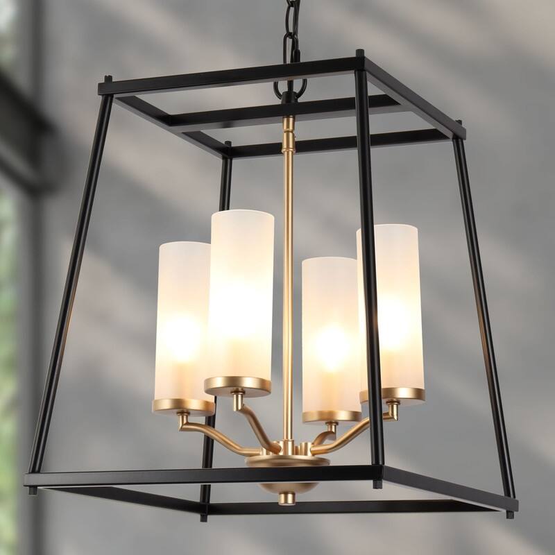 Modern 4-Light Black Gold Geometric Chandelier with Frosted Glass Shades - 14" L x 11" W x 17" H