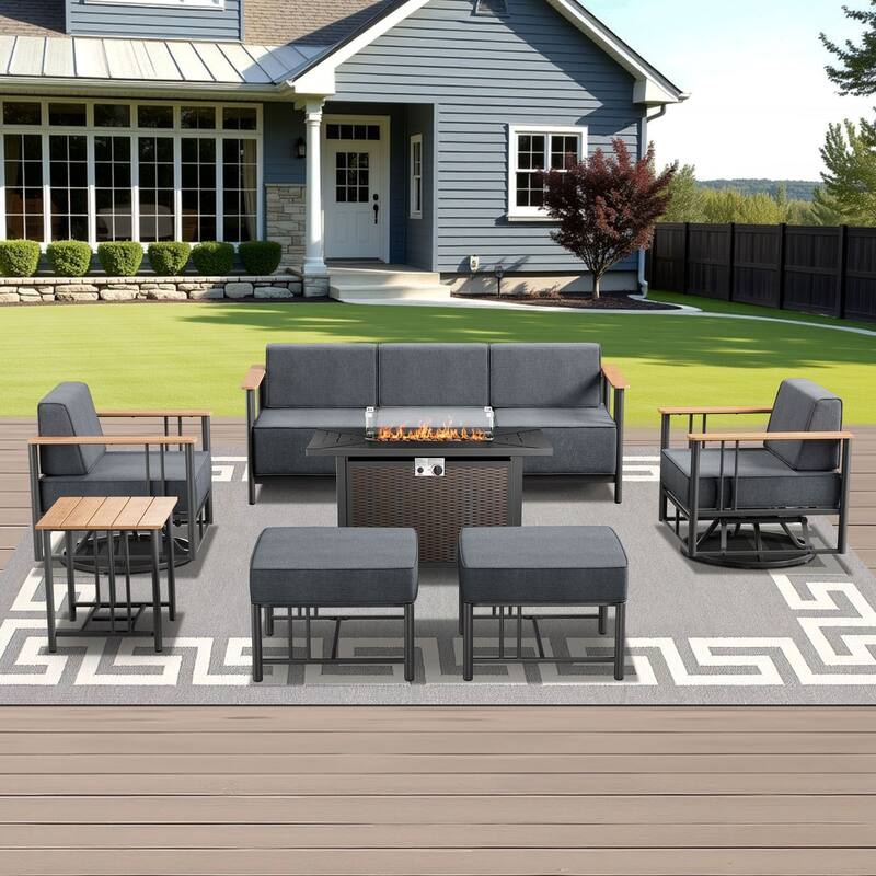 Outdoor Patio Funiture Set with Extra-Thick Seat cushion - Black & Dark Grey Cushion - 7PCS Sofa Chair Table with Fire Table