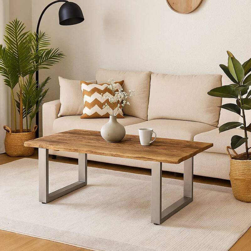 Coffee Table, 39 Inch Brown Reclaimed Wood Top, Metal Sled Base