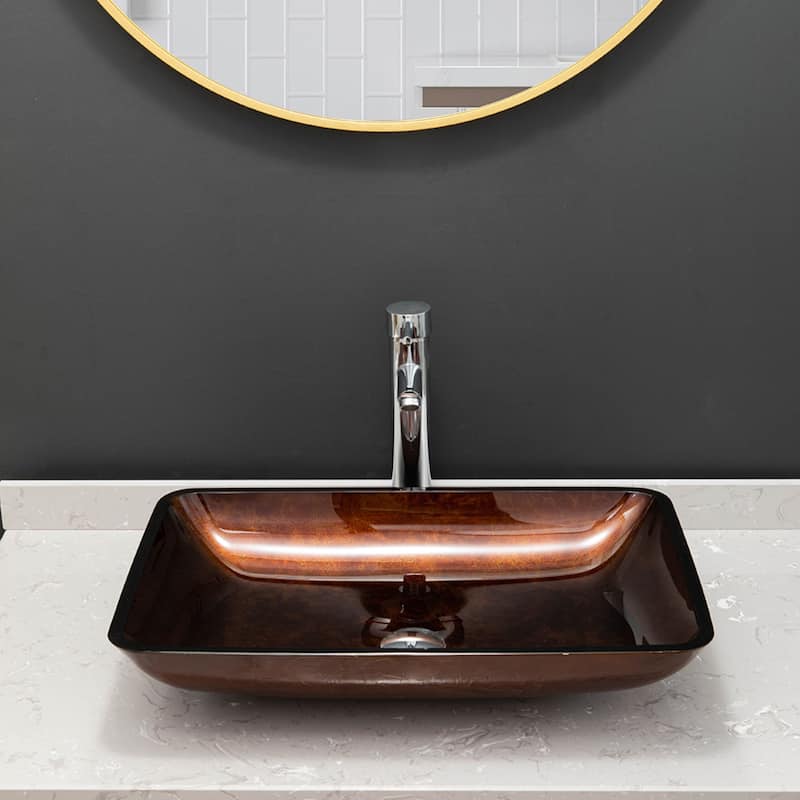 Vinnova Glass Rectangular Vessel Bathroom Sink without Faucet