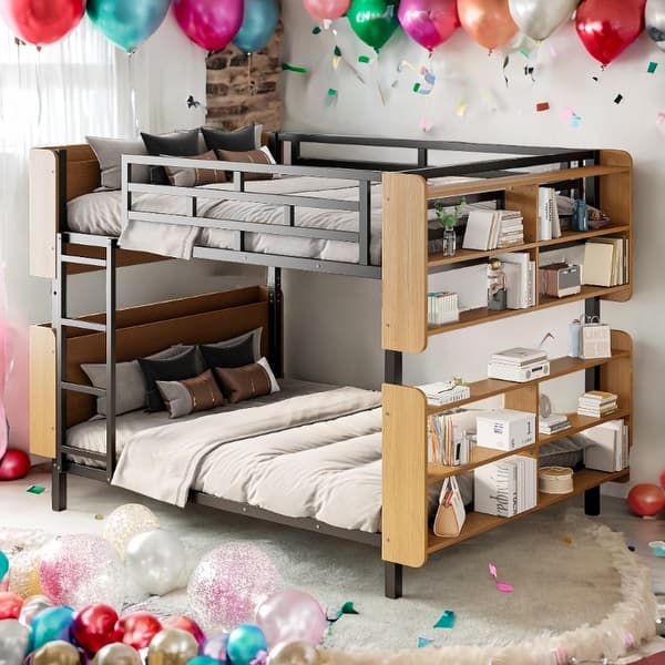 slide 2 of 16, 2 In 1 Metal Full over Full Bunk Bed with Storage Bookcase,Kids Bed Design
