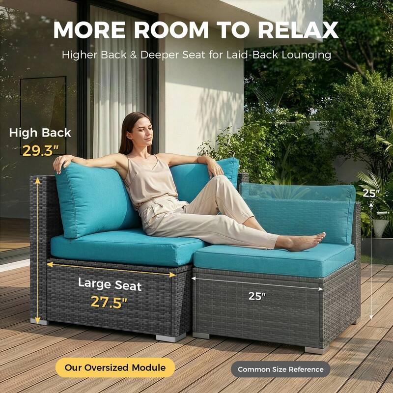 Outdoor Sectional Conversation Set PE Wicker with Double Chaise Lounge, 60,000 BTU Fire Pit Table