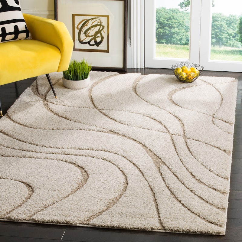 SAFAVIEH Florida Shag Sigtraud Abstract Waves 1.2-inch Thick Rug - 3'3" x 5'3" - Cream/Beige - Rectangle