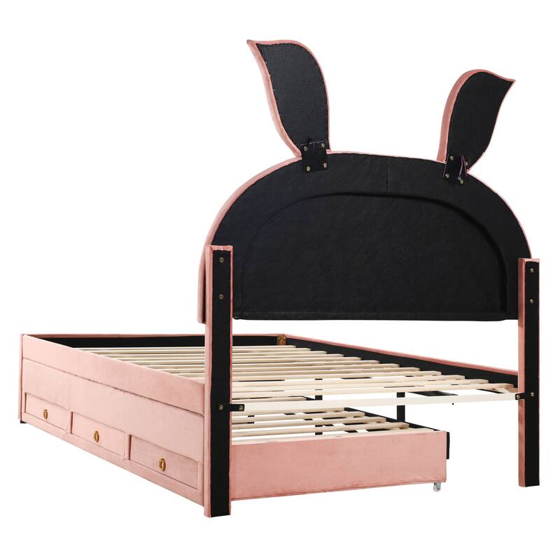 Upholstered platform bed with headboard with shelves and drawers