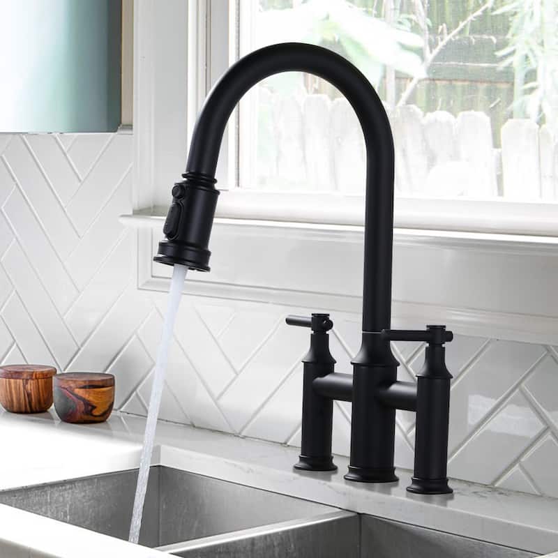 WOWOW Double Handle Pull Down Sprayer Bridge Kitchen Faucet