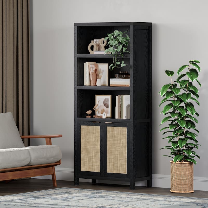 SICOTAS 5 Tier Adjustable Bookcase with Rattan Storage Cabinet
