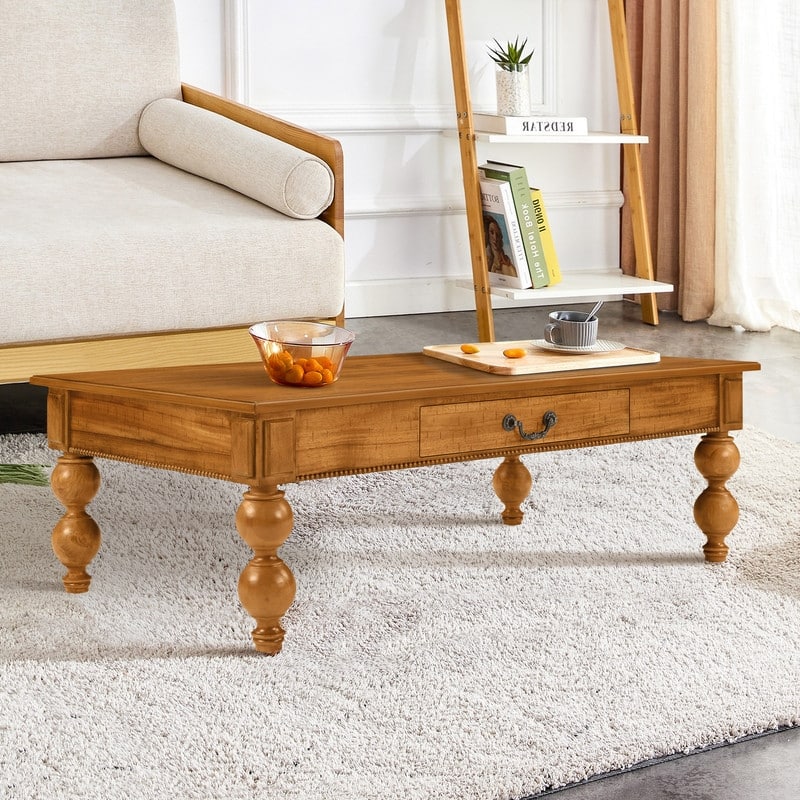 Rectangular 47" Wooden Coffee Table with Storage Drawer, Vintage Cocktail Table with Solid Wood Legs for Living Room Elegance