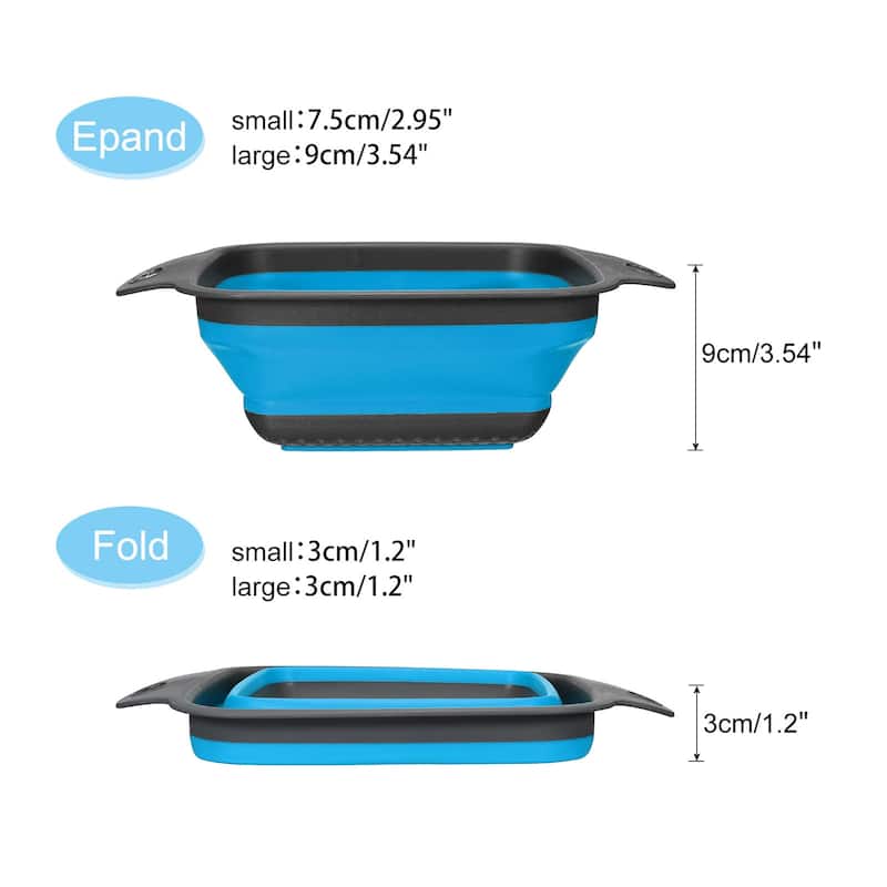 Collapsible Colander Set 3 Pcs Silicone Foldable Strainer - Blue - 29cm x 22cm x 9cm