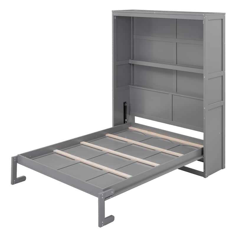 Full Size Murphy Wall Bed with Shelves, Space-Saving Design, White Finish, Easy to Fold