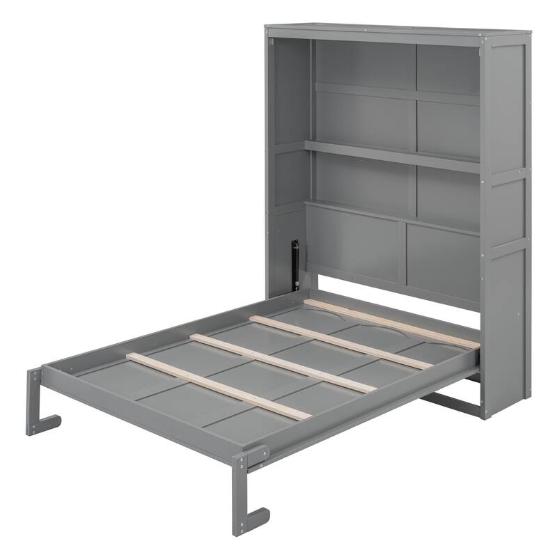Queen Size Space-Saving Murphy Wall Bed with Dual-Layer Storage Cabinet and Flexible Slat Support