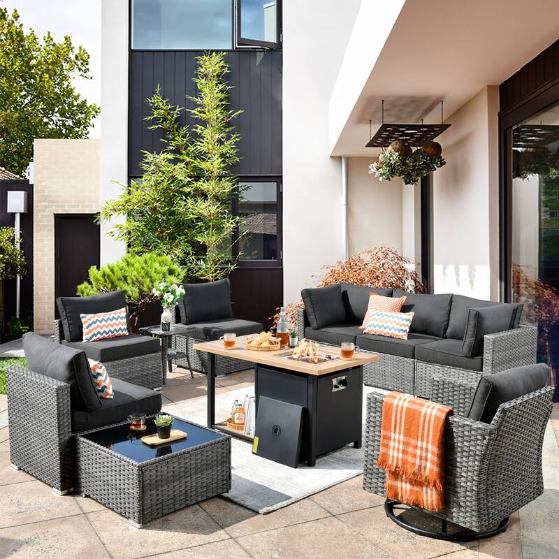 XIZZI 10-piece Outdoor Wicker Patio Furniture Set with Fire Pit Table - Black
