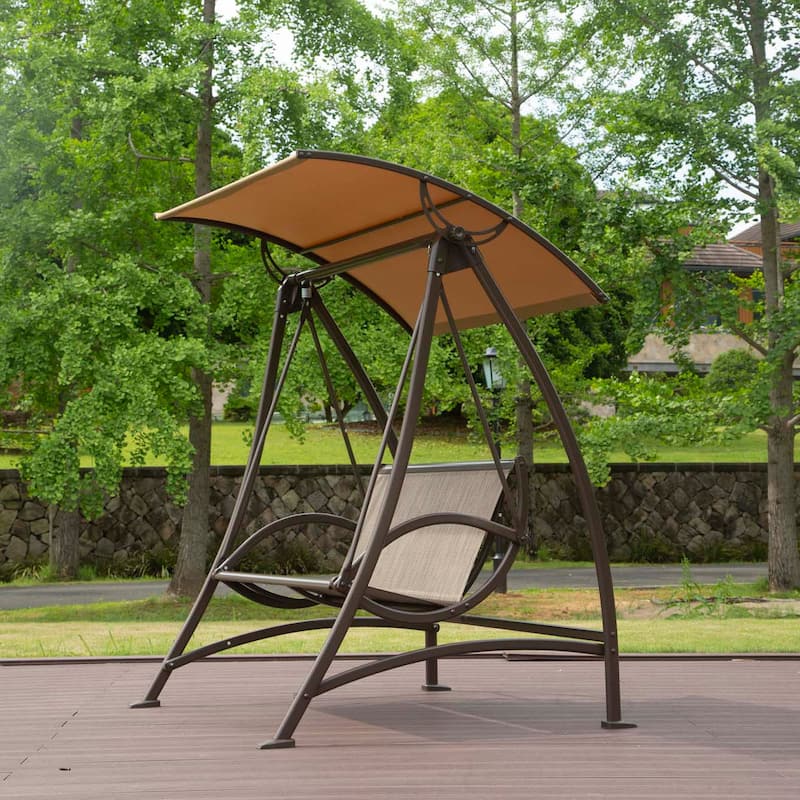 54 in. 3-Person Steel Outdoor Patio Swing Chair with Adjustable Canopy in Dark Brown