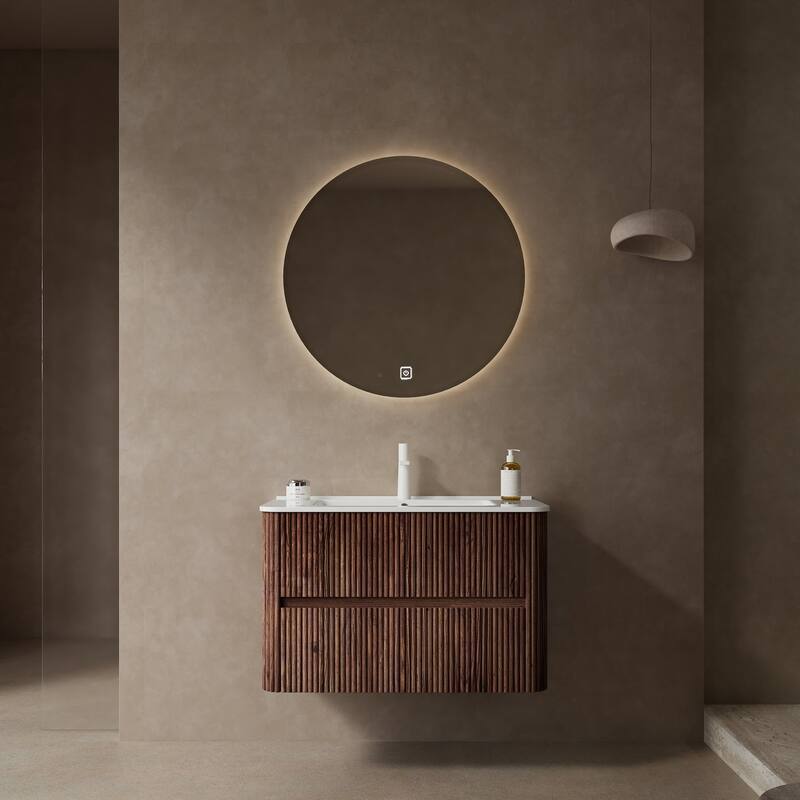 Wall-Mounted Bathroom Vanity Set in White + Deep Walnut with Integrated Ceramic Sink - 29.92" x 18.31" x 20.4"
